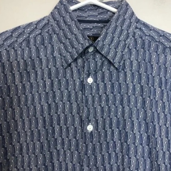 Bugatchi Long Sleeve Geometric Print Navy Button Up Shirt, size M - Picture 2 of 10